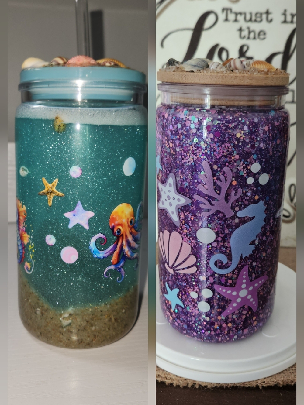 Handcrafted Sea Life Glitter Snowglobe Tumblers - Teal and Purple